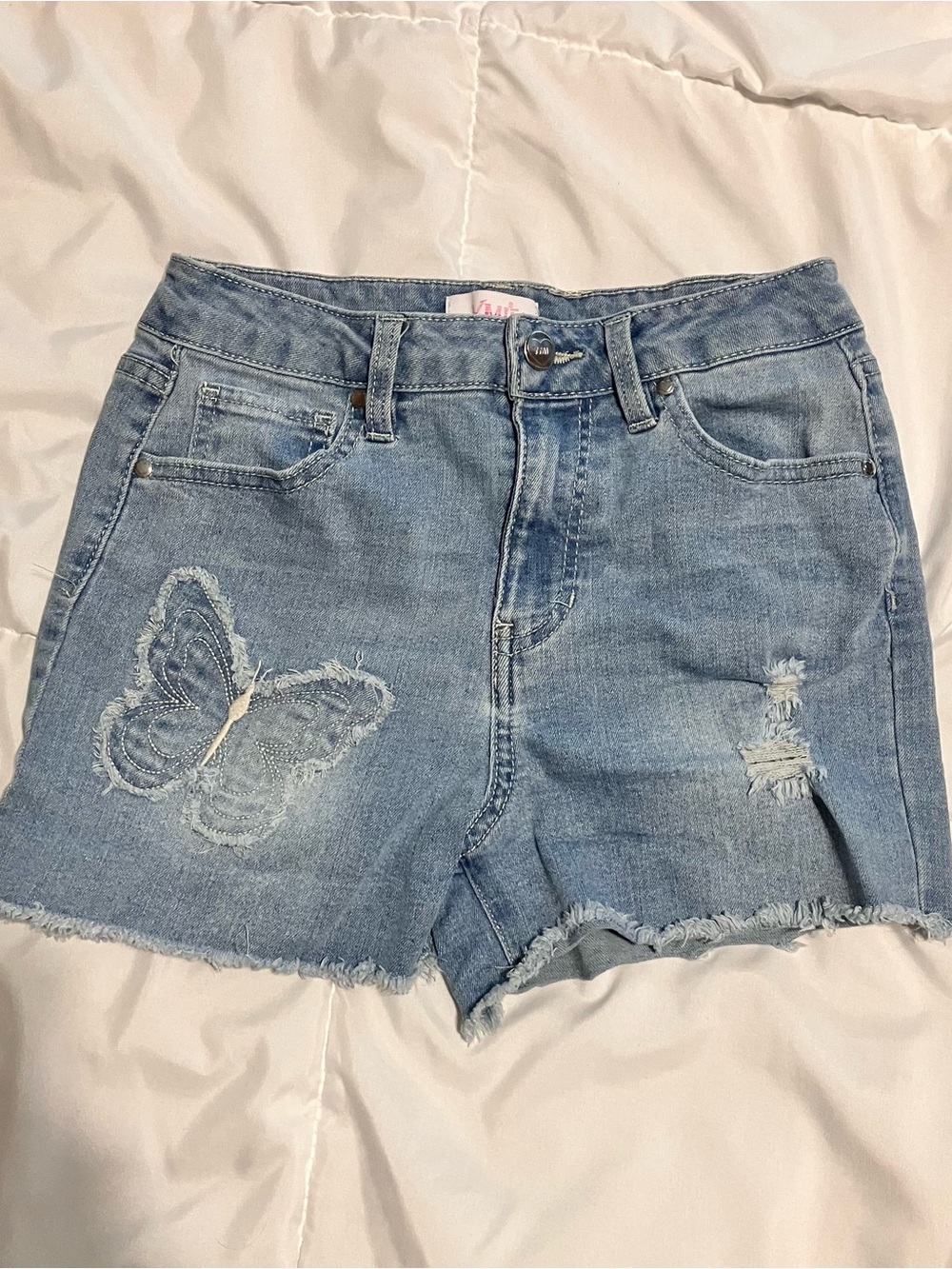 YMI Girl Light Wash Distressed Denim Shorts with Butterfly Embroidery  Sz 14
